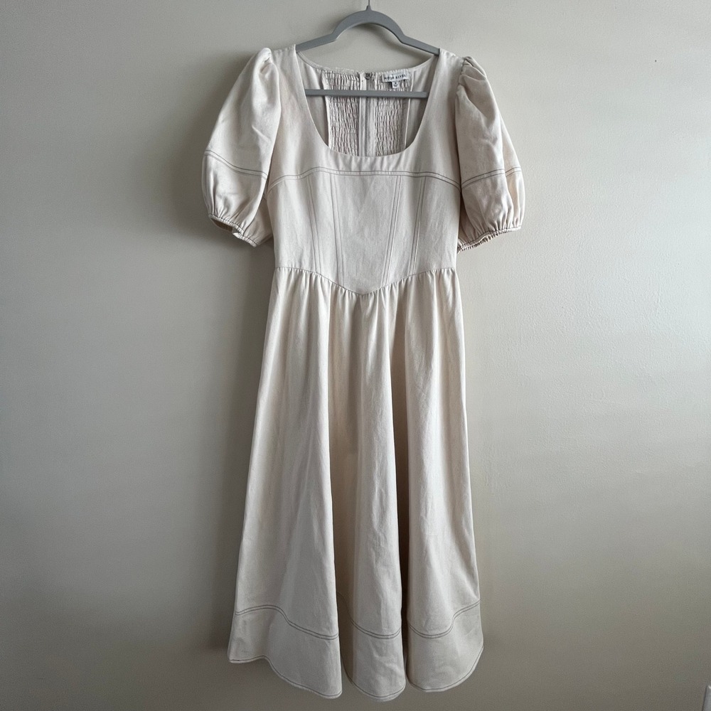 Moon River Puff Sleeve Corset Midi Dress Ecru Prairie Cotton Denim Smocked M